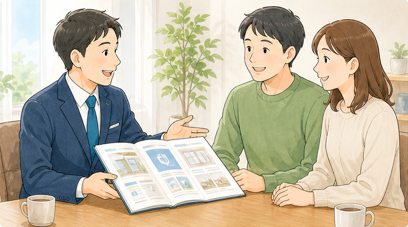 カタログを見ながらプラン提案を受ける夫婦